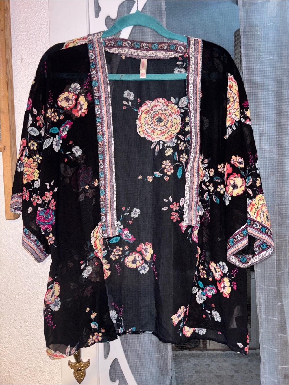 Xhilaration Black Floral Open-Front Kimono with Pink and Yellow Flowers